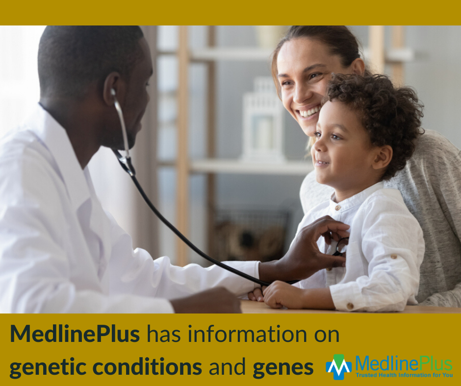 Doctor using a stethoscope to listen to the heart of a young child on parent's lap. MedlinePlus logo.