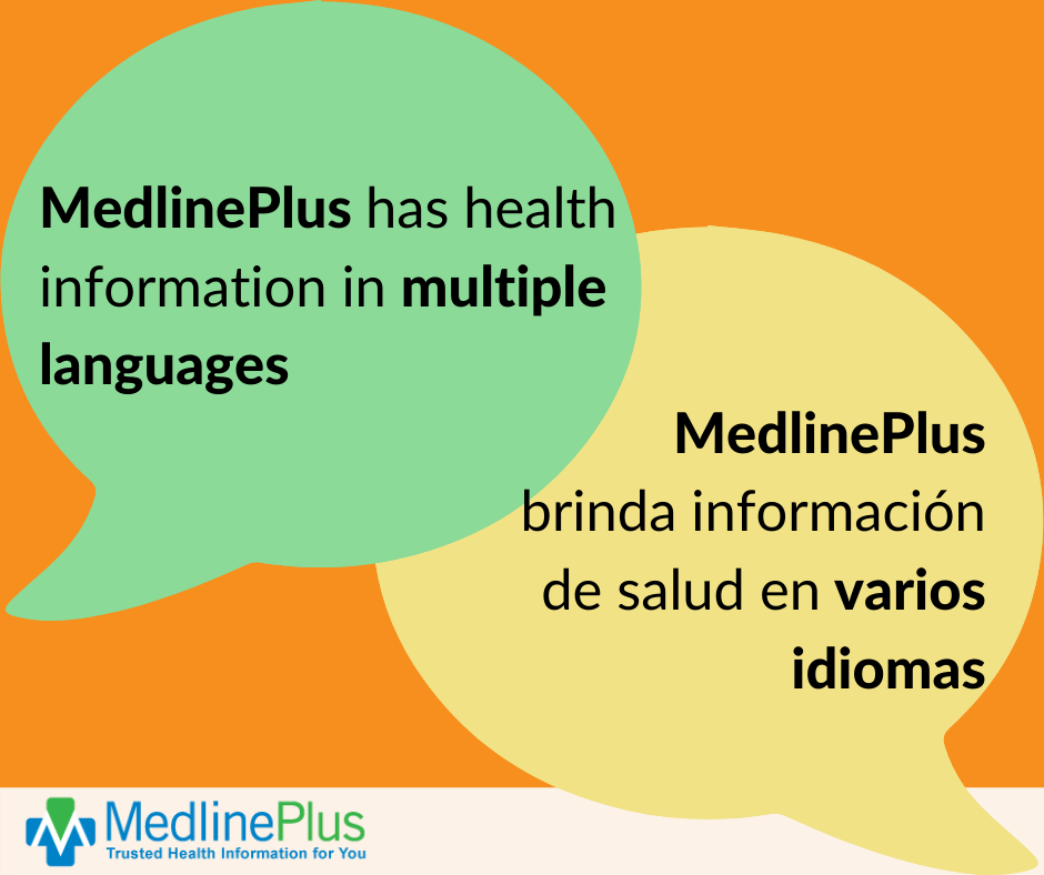Two bubble quotes that contain the text, 'MedlinePlus has health information in multiple languages' and 'MedlinePlus brinda infomacion de salud en varios idiomas.'  MedlinePlus logo.