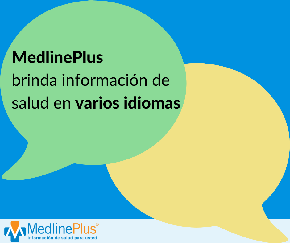 Dos burbujas de texto dicen 'MedlinePlus has health information in multiple languages' y 'MedlinePlus brinda información de salud en varios idiomas'. Logo de MedlinePlus.