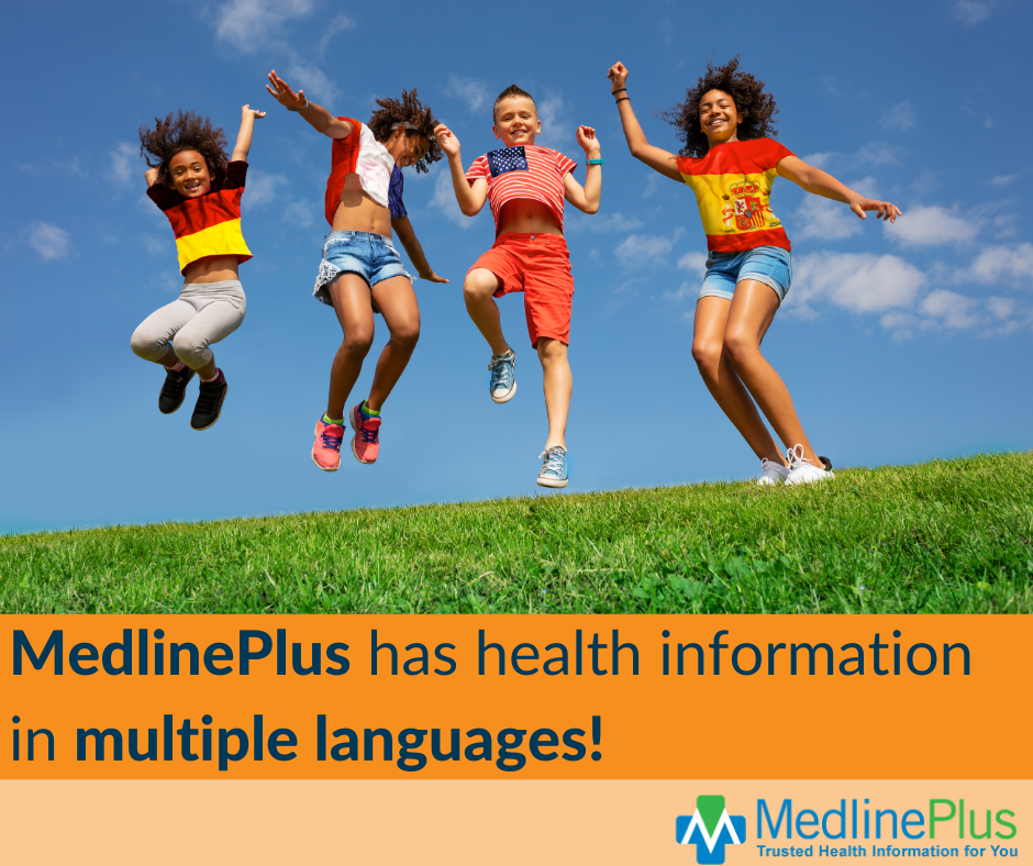 Kids jumping on a grassy hill, wearing t-shirts with different national flags. MedlinePlus logo