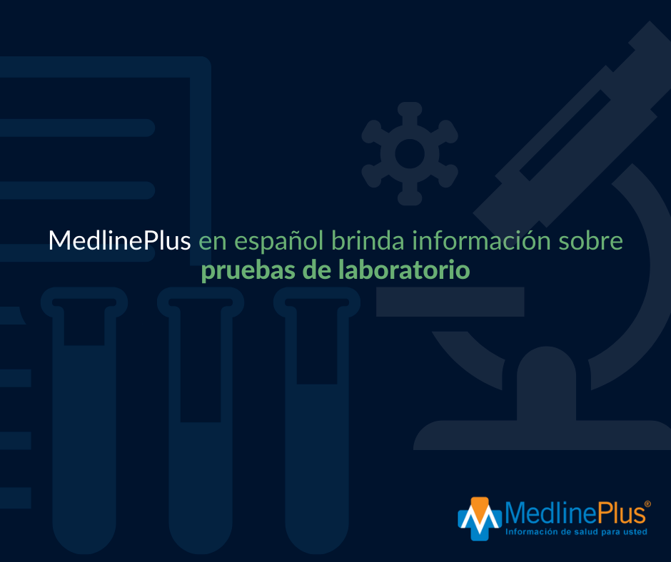 Frascos de laboratorio, notas de laboratorio y un microscopio. Logo de MedlinePlus.