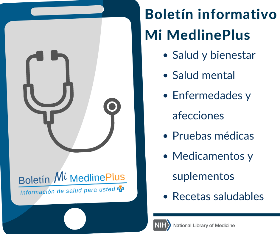 Dispositivo móvil con pantalla táctil con un estetoscopio y logo del boletín informativo Mi MedlinePlus.