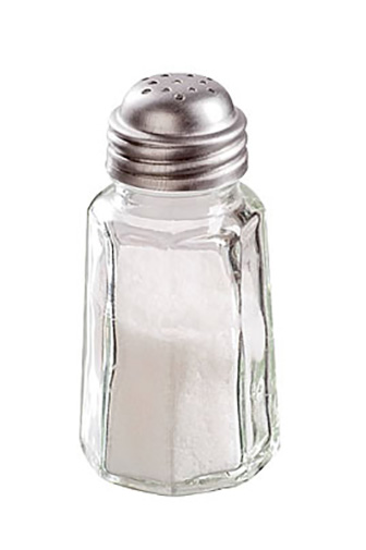 A clear glass salt shaker with a metal lid