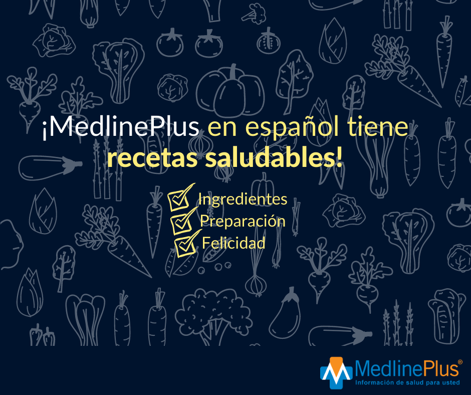 Frutas, vegetales y el logo de MedlinePlus.