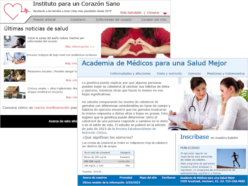 Comparación en paralelo de dos páginas de inicio de sitios web diferentes de información de salud. Uno se llama 'Instituto para un Corazón Sano' y el otro 'Academia de Médicos para una Salud Mejor'. Ambos parecen sitios normales de información de salud.