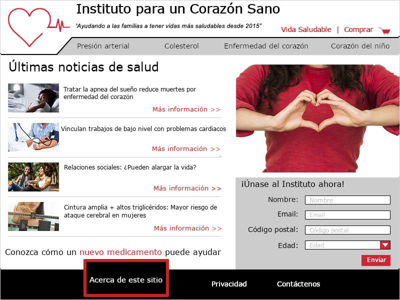 Imagen de la página de inicio del Instituto para un Corazón Sano. Un cuadro rojo destaca el texto 'Acerca de este sitio' en la parte inferior del sitio.