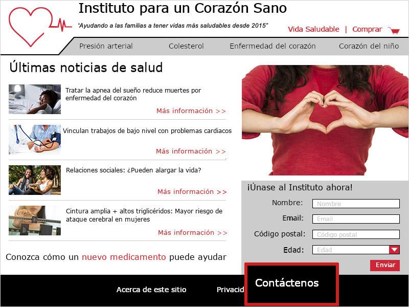 Imagen de la página de inicio del Instituto para un Corazón Sano. Un cuadro rojo destaca el texto 'Contáctenos' en el pie de página.