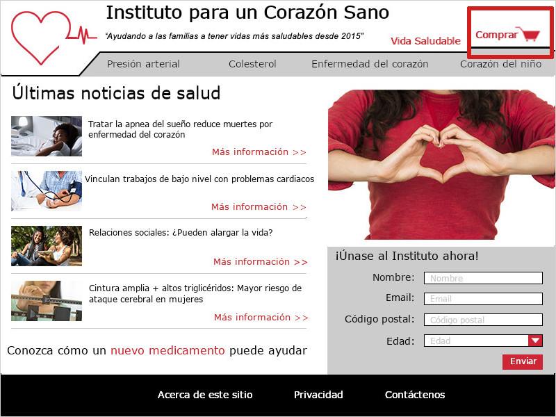 Imagen de la página de inicio del Instituto para un Corazón Sano. En el área del encabezado en la parte superior derecha del sitio, un cuadro rojo destaca el ícono rojo del carrito de compras y el texto 'Comprar'.