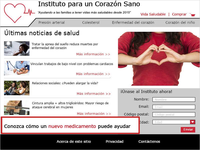 Imagen de la página de inicio de Instituto para un Corazón Sano. Un cuadro rojo destaca el texto 'Conozca cómo un nuevo medicamento puede ayudar' ubicado directamente debajo del contenido en una columna llamada 'Últimas noticias de salud'.