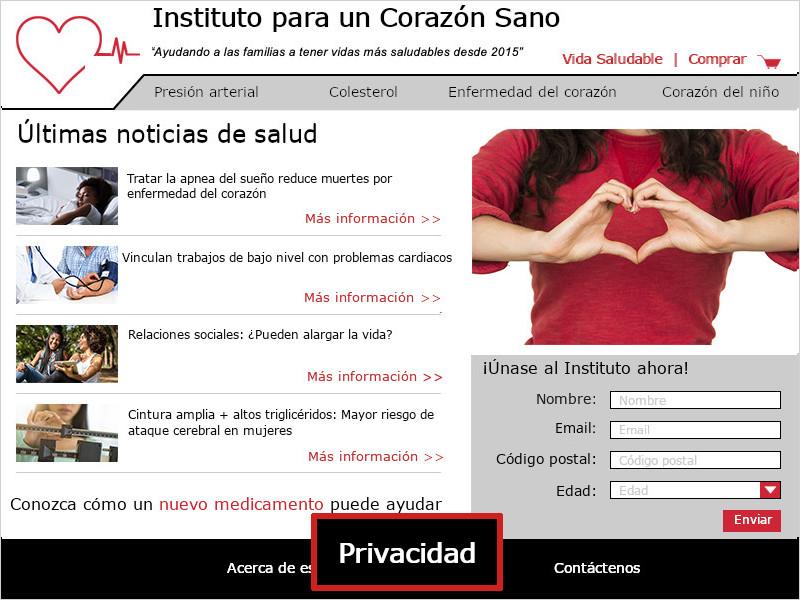 Imagen de la página de inicio del Instituto para un Corazón Sano. Un cuadro rojo describe el enlace a su 'Política de privacidad' en el pie de página.