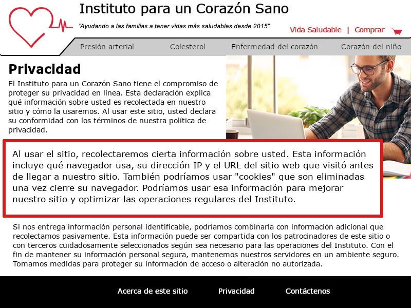 Imagen de la página de 'Política de privacidad' del Instituto para un Corazón Sano. Un cuadro rojo destaca una sección de contenido que indica que la organización recolectará información específica del usuario mientras navega por el sitio.