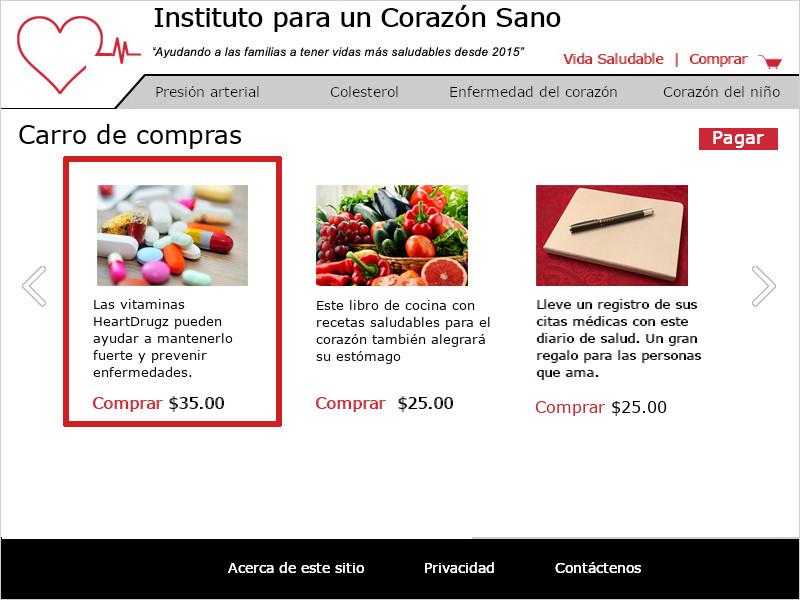 Imagen de la página 'Tienda' del Instituto para un Corazón Sano. Un cuadro rojo destaca una imagen de píldoras multicolores y el texto 'Las vitaminas HeartDrugz pueden ayudar a mantenerlo fuerte y prevenir enfermedades'. Debajo hay un enlace para 'Comprar' por $ 35.00. También se ofrece a la venta un libro de cocina y un registro de citas médicas en la página.