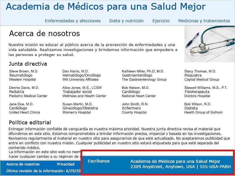 Imagen de la página 'Acerca de nosotros' de la Academia de Médicos para una Salud Mejor. Un cuadro rojo destaca la información de contacto en el pie de página, incluyendo un enlace a 'Escríbanos', una dirección postal y un número de teléfono.