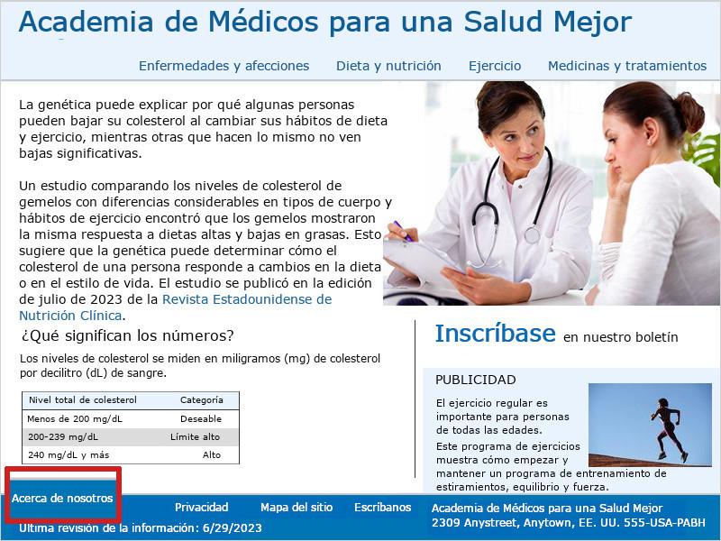 Imagen de la página de inicio de la Academia de Médicos para una Salud Mejor. Un cuadro rojo destaca el enlace a la página 'Acerca de nosotros' en el pie de página de la parte inferior del sitio.