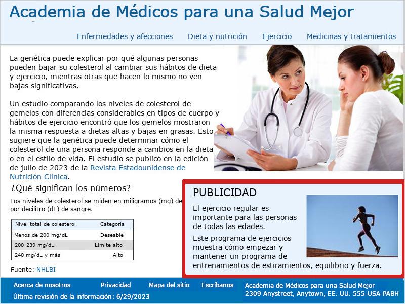 Imagen de la página de inicio de Academia de Médicos por una Salud Mejor. Un cuadro rojo destaca una publicidad claramente etiquetada. El anuncio tiene un fondo azul claro que lo separa visualmente del fondo blanco del resto de la página.