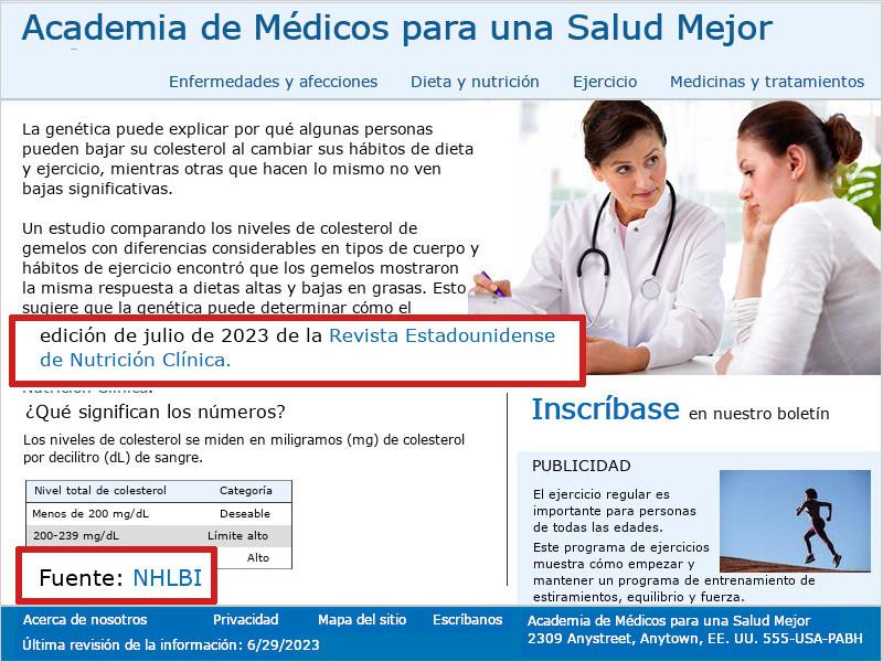 Imagen de la página de inicio de Academia de Médicos para una Salud Mejor. Un cuadro rojo destaca el texto 'Edición de julio de 2023 de la Revista Estadounidense de Nutrición Clínica' debajo del contenido de información de salud. Debajo de la información de salud adicional, un segundo recuadro rojo destaca al NHLBI como fuente.