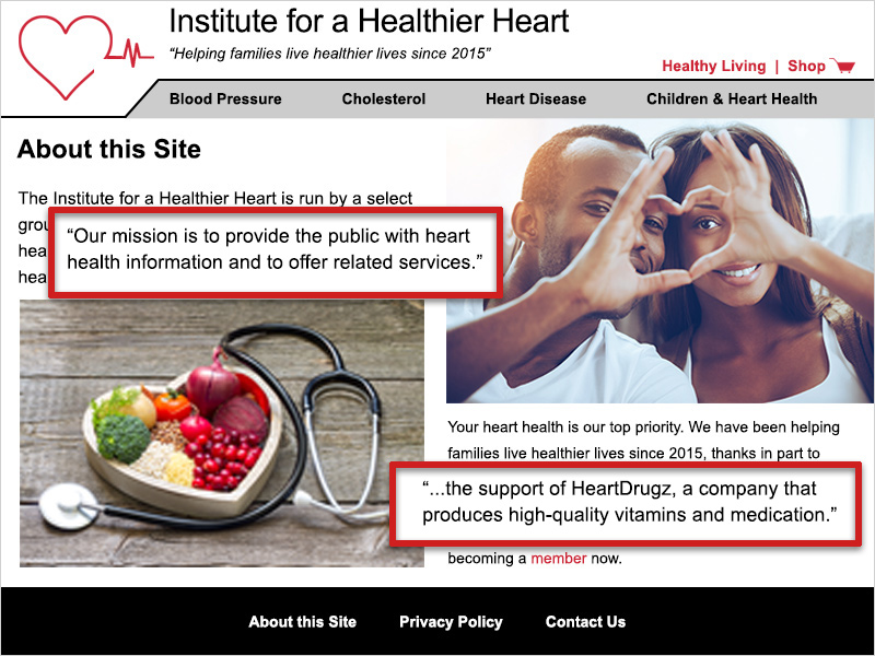 Screenshot of the 'About this Site' page for the IHH. A red box outlines their mission statement. A second red box outlines the text '...the support of HeartDrugz, a company that produces high-quality vitamins and medication.'