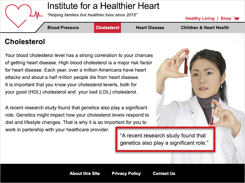 Screenshot of IHH 'Cholesterol' page. There is general health information about cholesterol on this page and a red box outlines the text 'a recent research study found that genetics also play a significant role.'