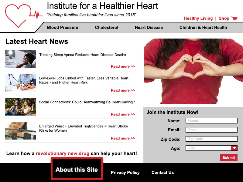 Screenshot of the Institute for a Healthier Heart (IHH) homepage. A red box outlines the text 'About this Site' in the footer.