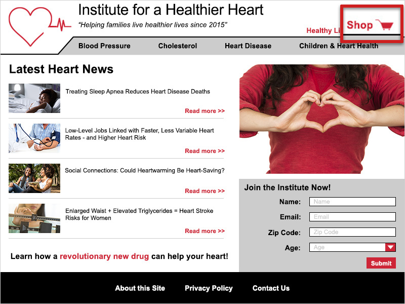 Screenshot of the IHH homepage. In the header area at the top right of the screen, a red box outlines the red shopping cart icon and text 'Shop'.