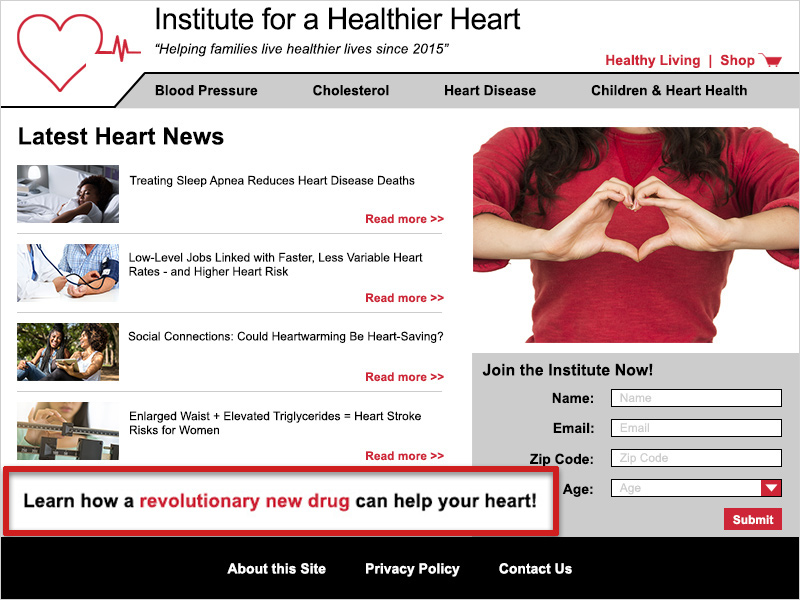 Screenshot of IHH homepage. A red box outlines the text 'Learn how a revolutionary new drug can help your heart!' located directly under content in a column labeled 'Latest Heart News.'
