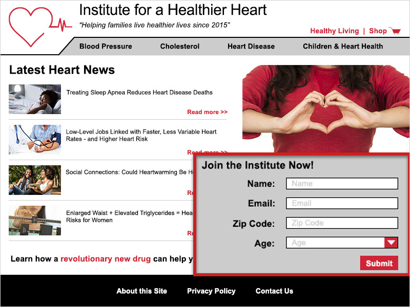 Screenshot of the IHH homepage. A red box outlines a form in the lower right corner of where a user's name, email address, zip code and age is requested in order to 'join the institute.'