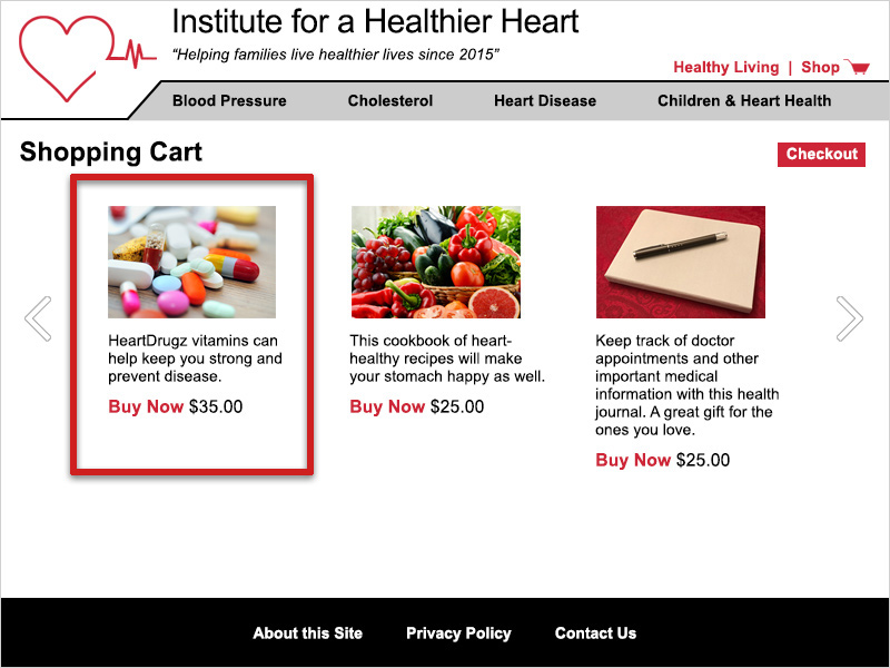 Screenshot of the 'Shop' page of the IHH. A red box outlines an image of multicolored pills and the text 'HeartDrugz vitamins can help keep you strong and prevent disease.' Under that is a prompt to 'Buy Now' for $35.00. Also offered for sale on the page are a cookbook and health journal.