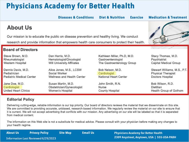 A red box outlines the list of Board of Directors in this screenshot of the PABH 'About Us' page.  The list includes board member names, degree levels, area of health expertise, and the health organization they are associated with. The word 'cardiologist' is highlighted in yellow under two different names.