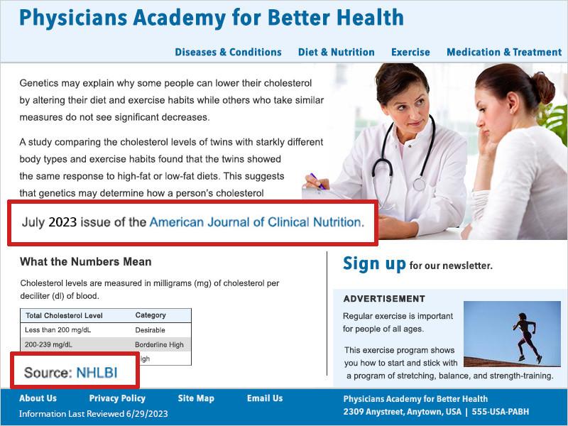 Screenshot of PABH home page. A red box outlines the text 'July 2015 issue of the American Journal Clinical Nutrition' beneath health information content. Under additional health information, a second red box highlights NHLBI as a source.